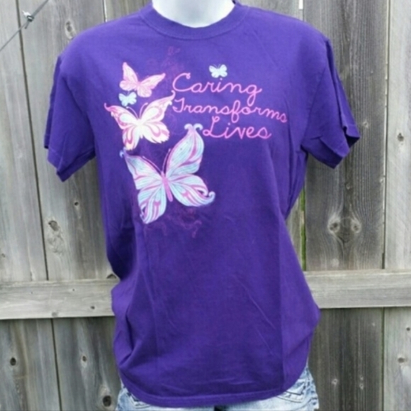 Butterfly Graphic Tee in Purple, Pink & Light Blue "Caring Transforms Li… - Picture 1 of 2